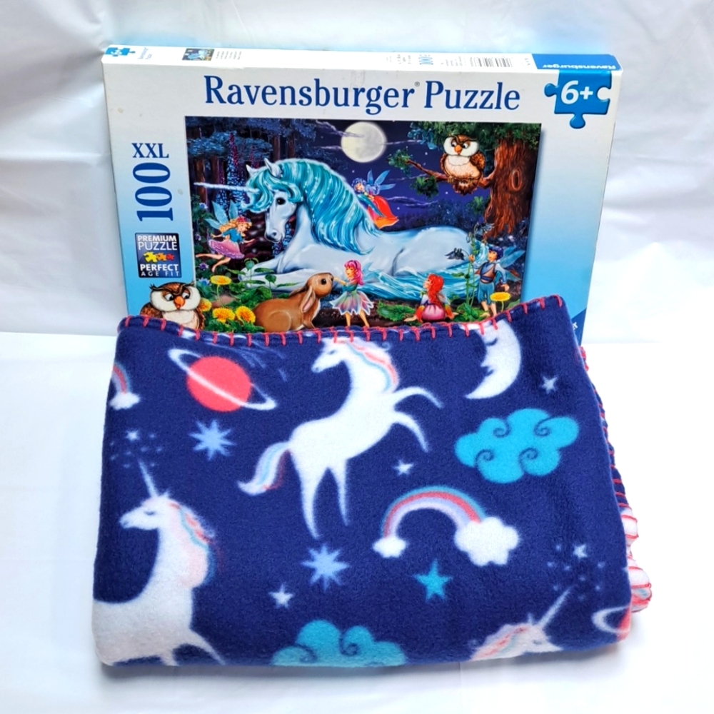 EUC Unicorn Puzzle Ravensburger XXL 100 Pc 6+ Fleece Blanket Throw